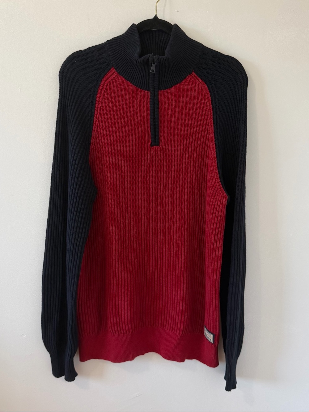 Y2K Nautica Jeans Co Sweater Mens Large Red Navy Blue Ribbed Quarter Zip Cotton